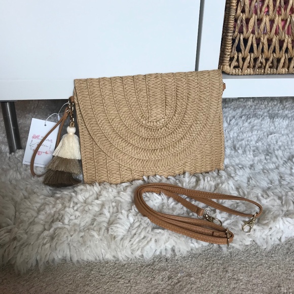 Straw Clutch Purse with Crossbody Strap - Picture 1 of 1